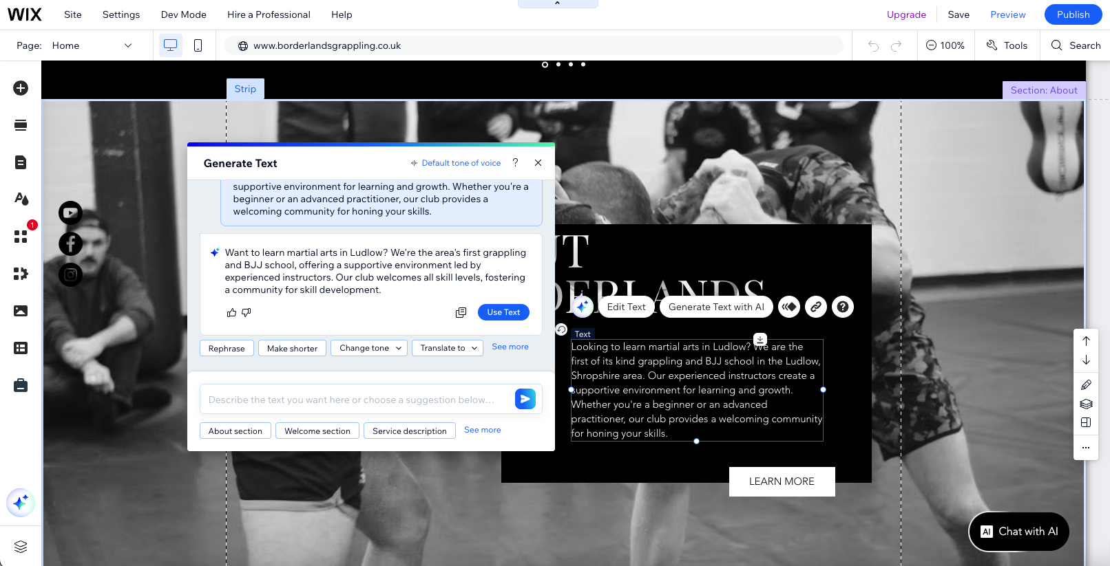 Screenshot of Wix Ai writer being used on borderlands grappling website, the website is in the background in black and white 