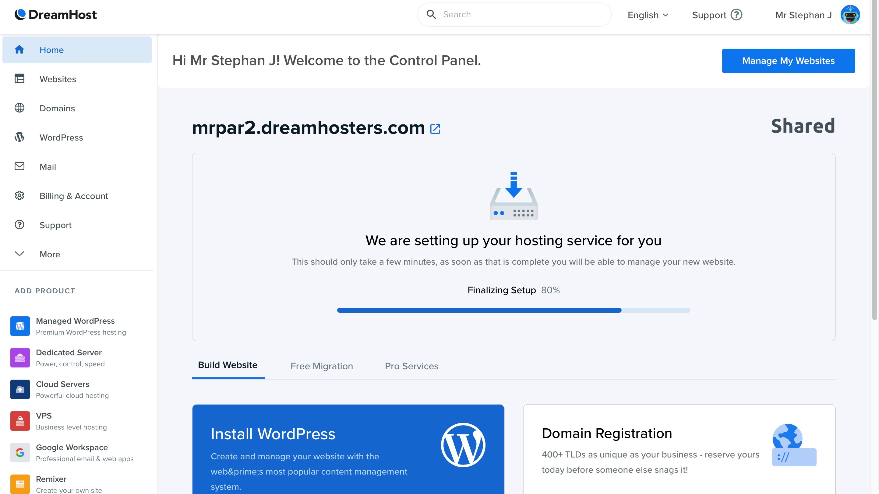DreamHost Website Builder dashboard