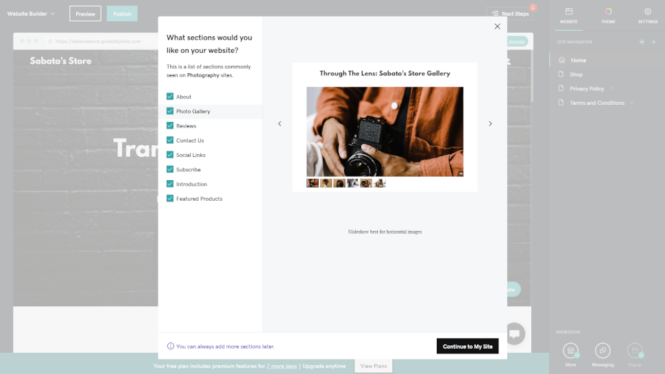 screenshot of godaddy airo website builder being used