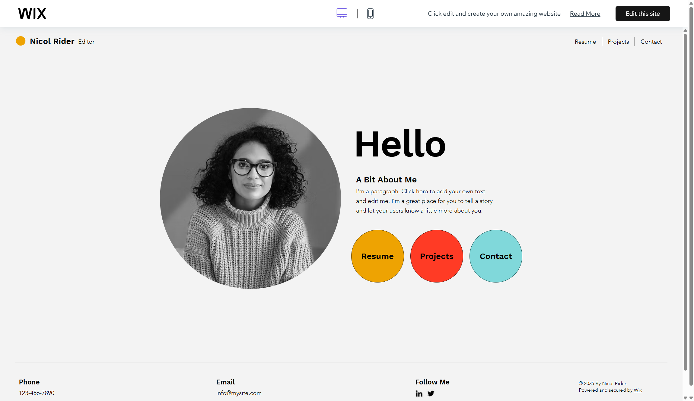 screenshot of Wix templat