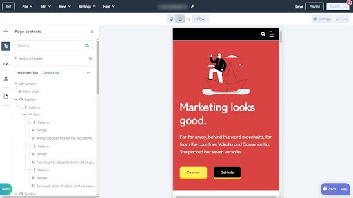 Screenshot of hubspots website editor being used to view a website on mobile