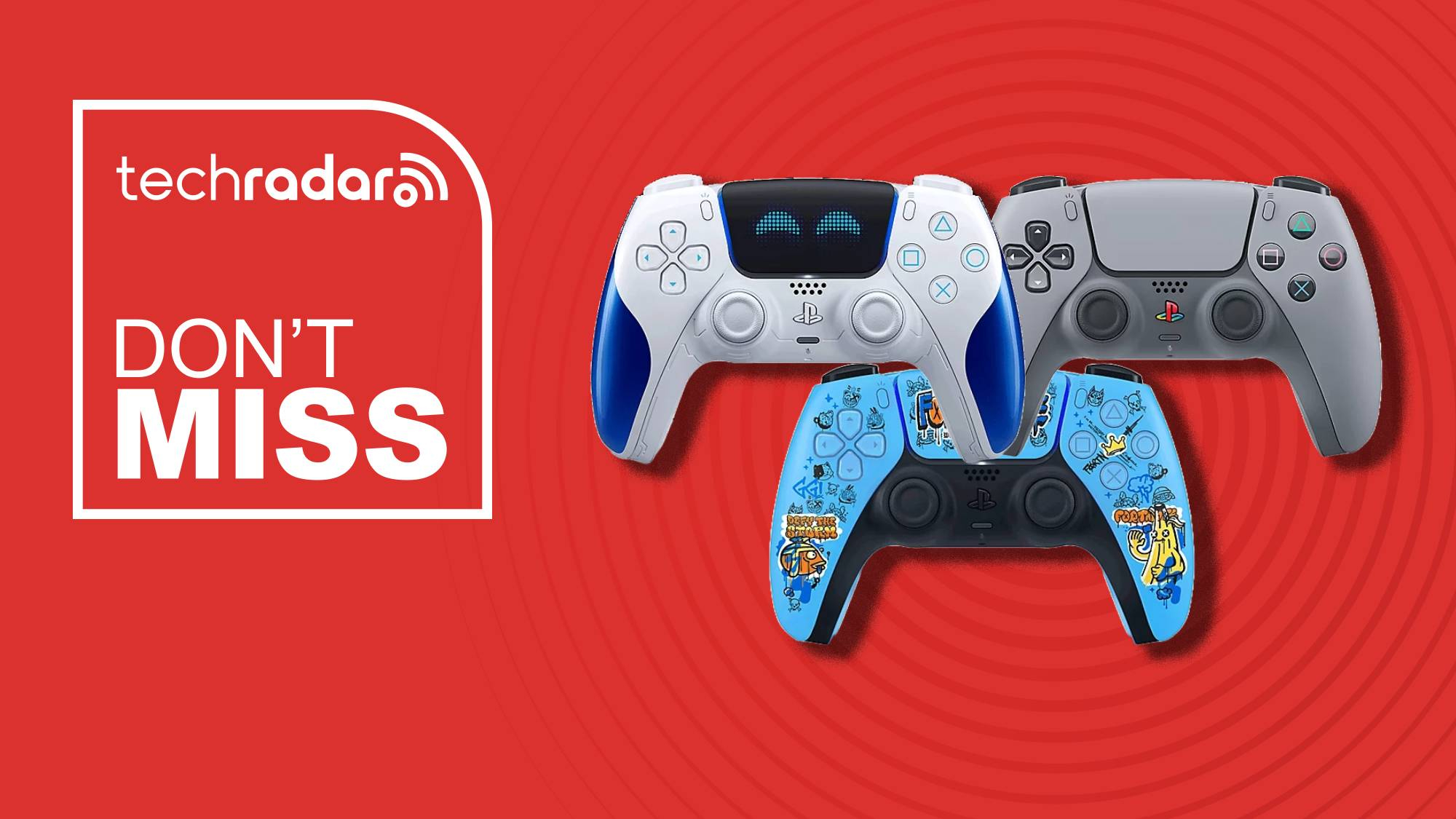 DualSense controllers on a red background with white don't miss text