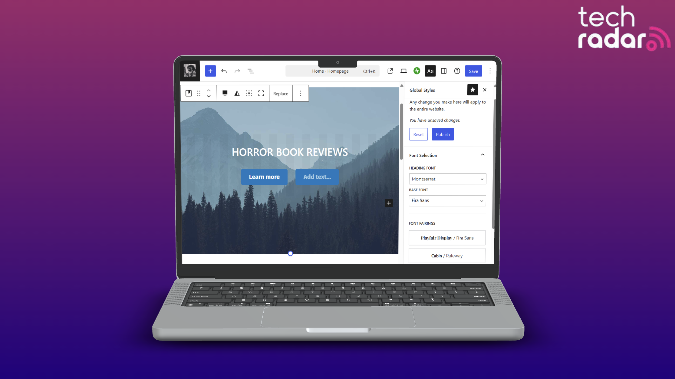 WordPress free website builder being used on a mac laptop screen with a blue and pink background