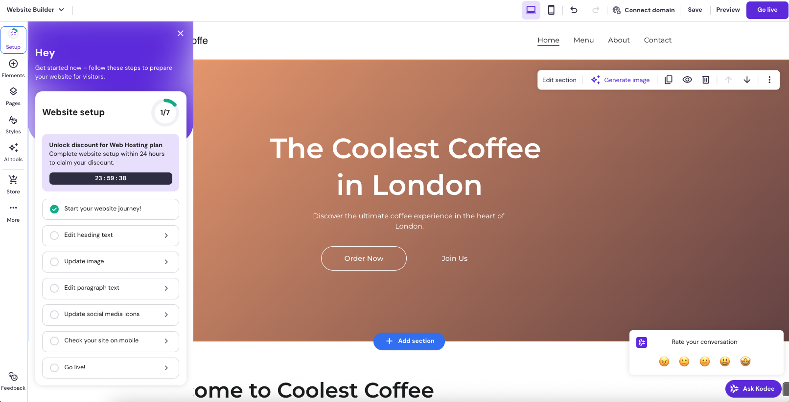 A screenshot of Hostinger website builder, it has an orange and brown background with a purple and white text box over the top 