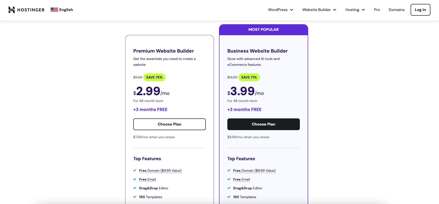 screenshot of hostinger website builder plans
