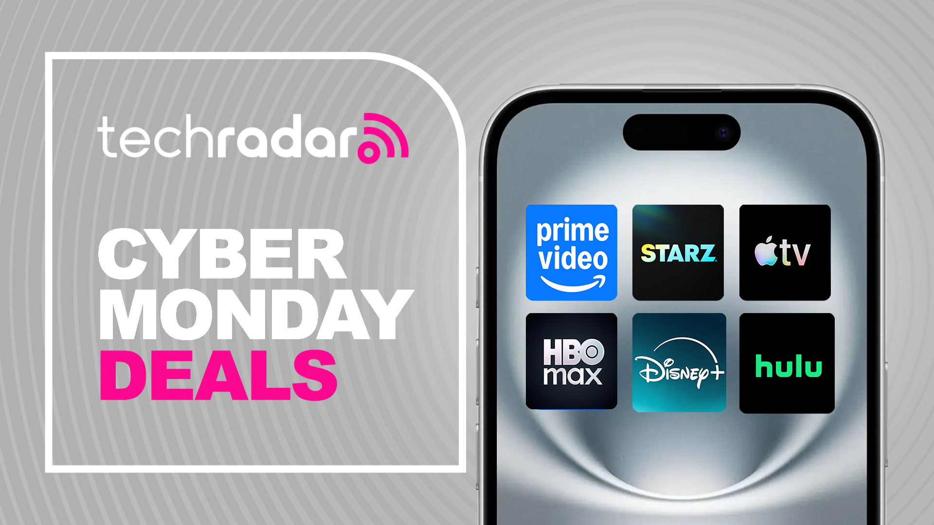 A phone with logos for many streaming services, including Prime Video, Apple TV, Hulu and HBO Max, with a sign saying Cyber Monday deals