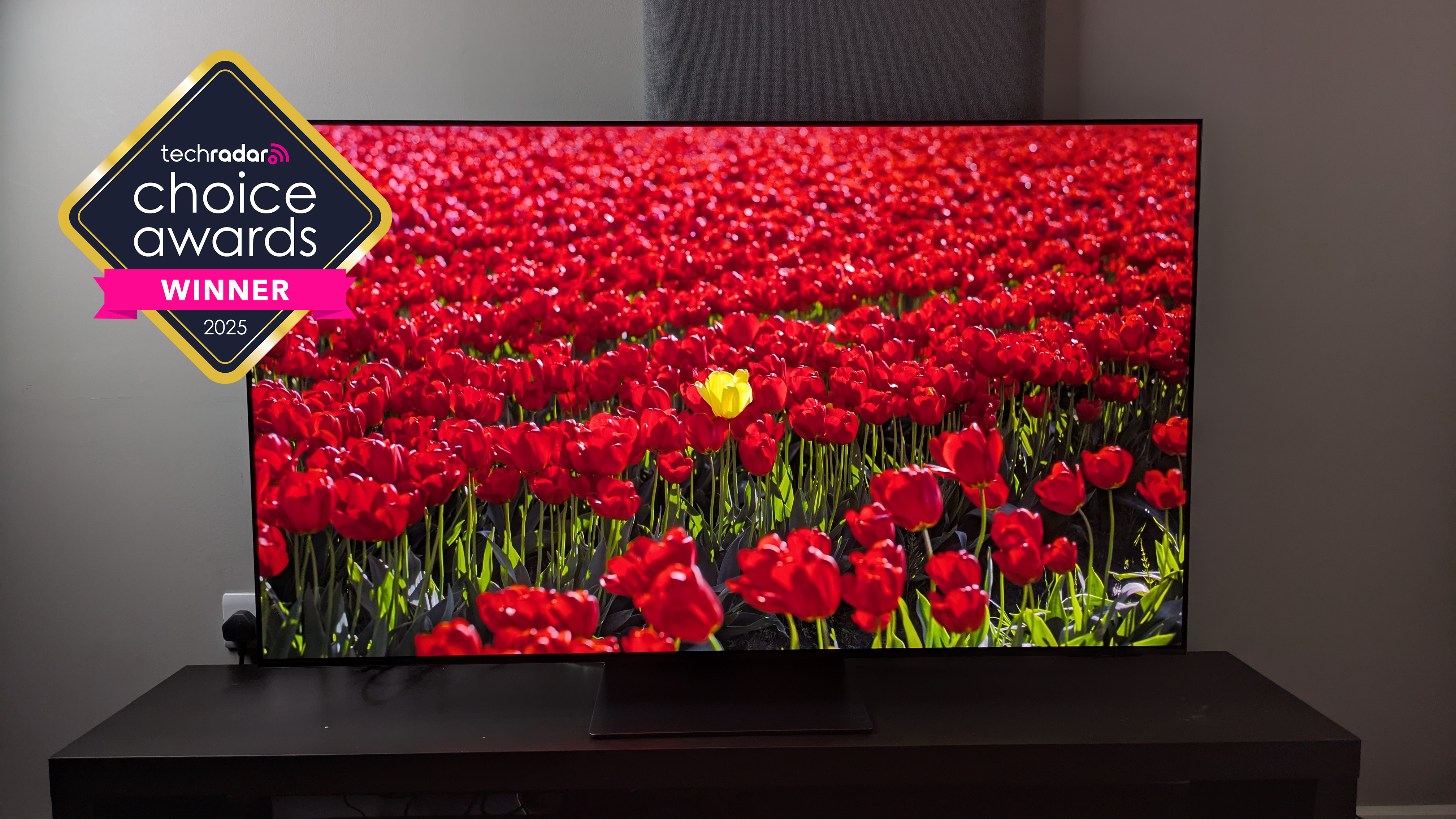 The Samsung S95F TV showing a field of flowers, with the TechRadar Choice Awards Winner logo over it