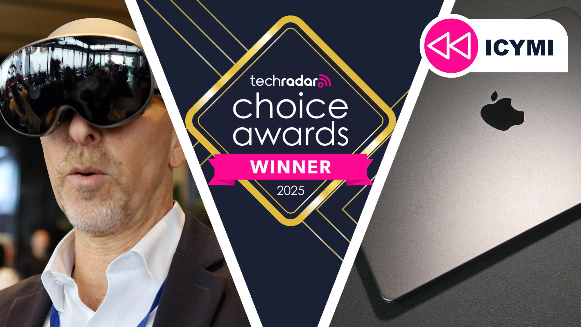 Lance weraing the Samsung Galaxy XR headset next to the M5 MacBook Pro and the TechRadar Choice Awards banner