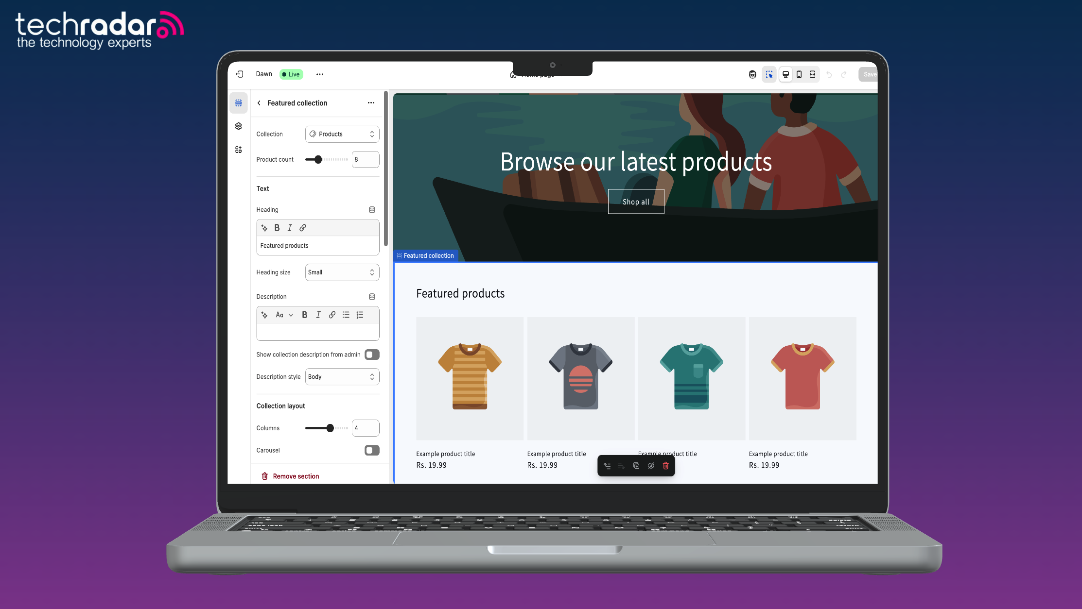 An image of a macbook on a purple background, the Shopify website builder is being used on mac