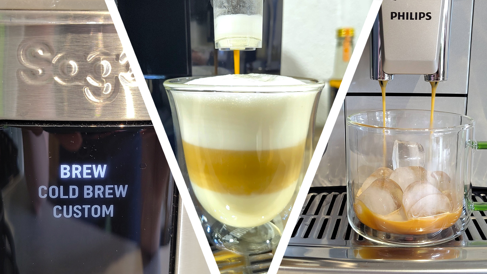Split image of cold brew option on coffee machine, espresso machine dispensing chilled latte macchiato, and machine dispensing espresso onto ice cubes