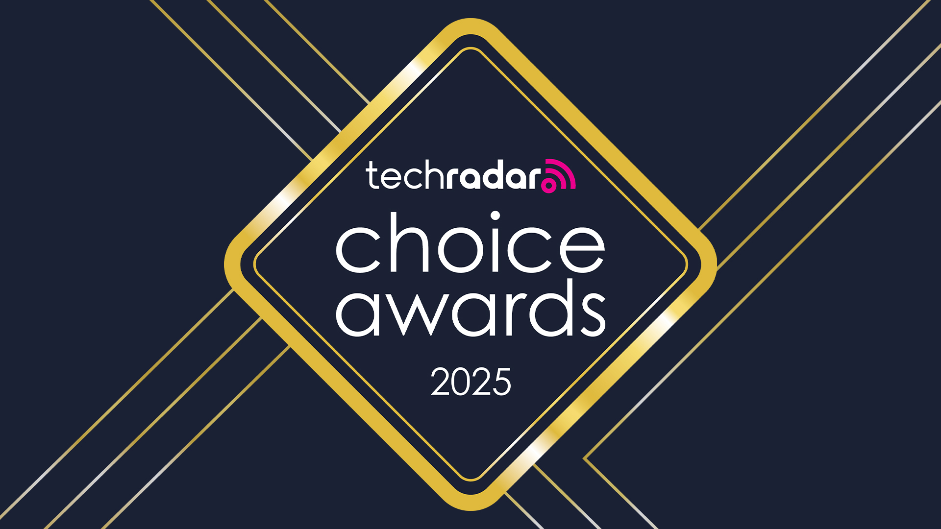 The TechRadar Choice Awards 2025 logo, which is a gold diamond on a deep blue background, with gold lines running through it at sharp angles