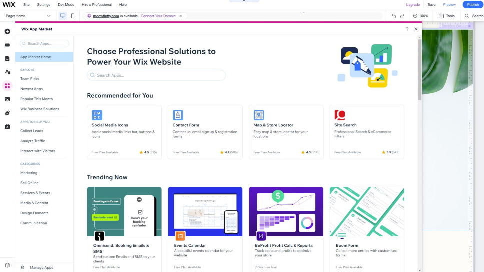 Option to add solutions to your website on Wix dashboard