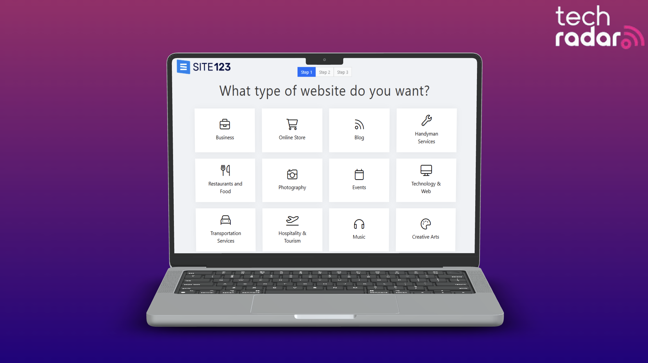 Site123 free website builder being used on a mac laptop screen with a blue and pink background