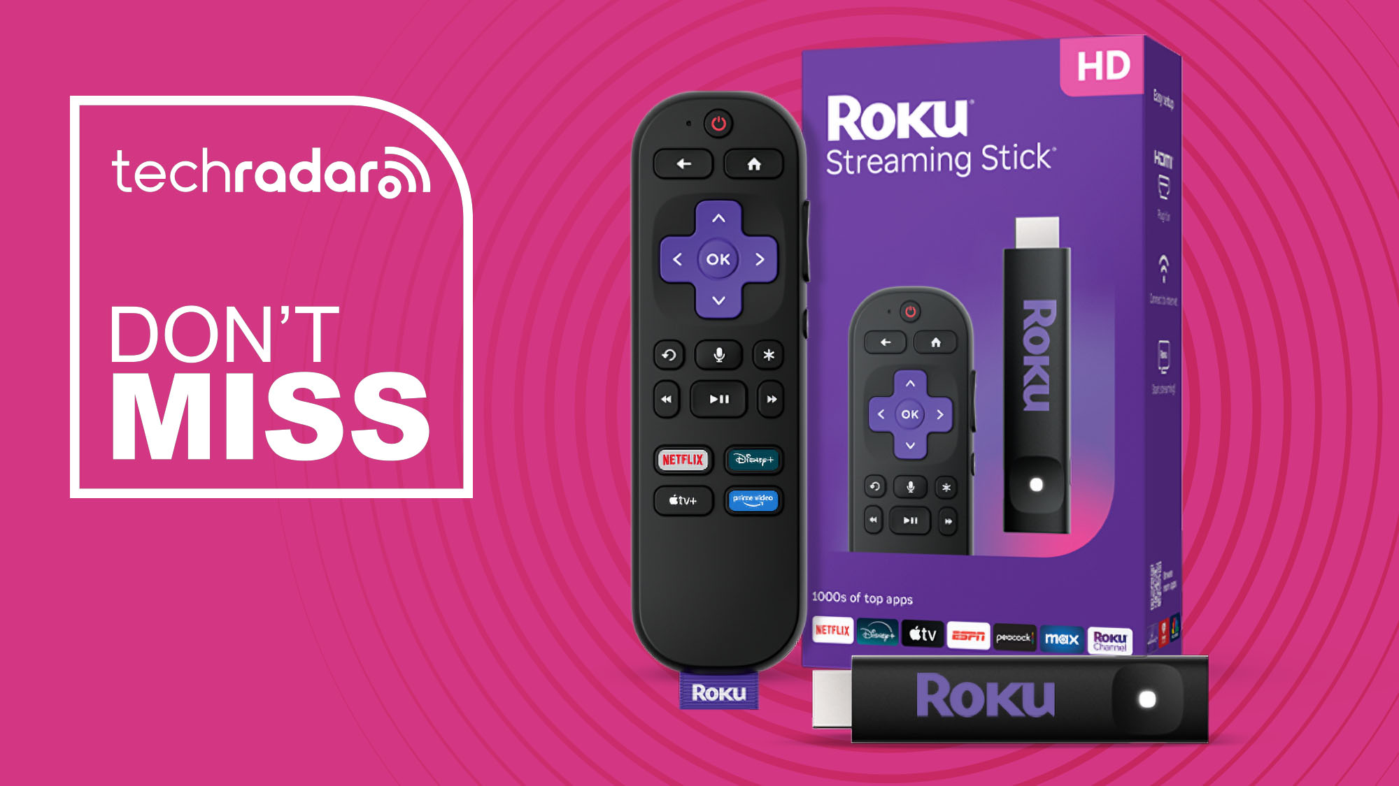 Roku Streaming Stick with box and remote on pink background with TechRadar don't miss sign