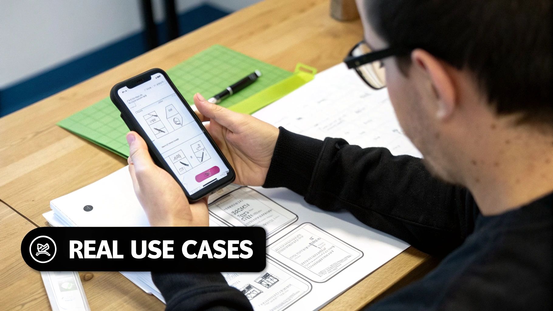 A developer reviews mobile application UI designs on a smartphone with printed mockups.
