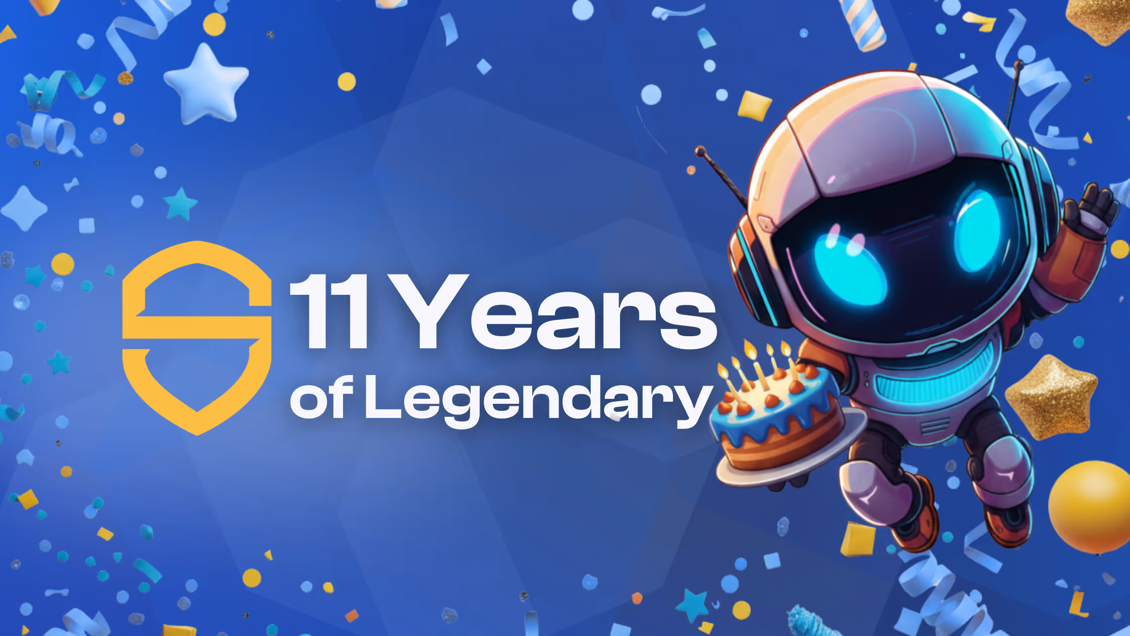 A festive birthday image with confetti and a robot holding a cake.