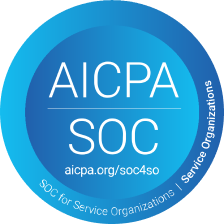 Circular badge with a gradient blue background, featuring "AICPA SOC" in large white text, accompanied by the text "SOC for Service Organizations" around the edge, indicating compliance with service organization controls.