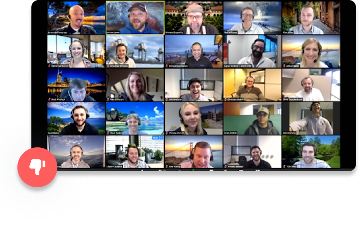 A 4x4 grid of people in a video conferencing app. There is a red thumbs down icon in the bottom left corner.