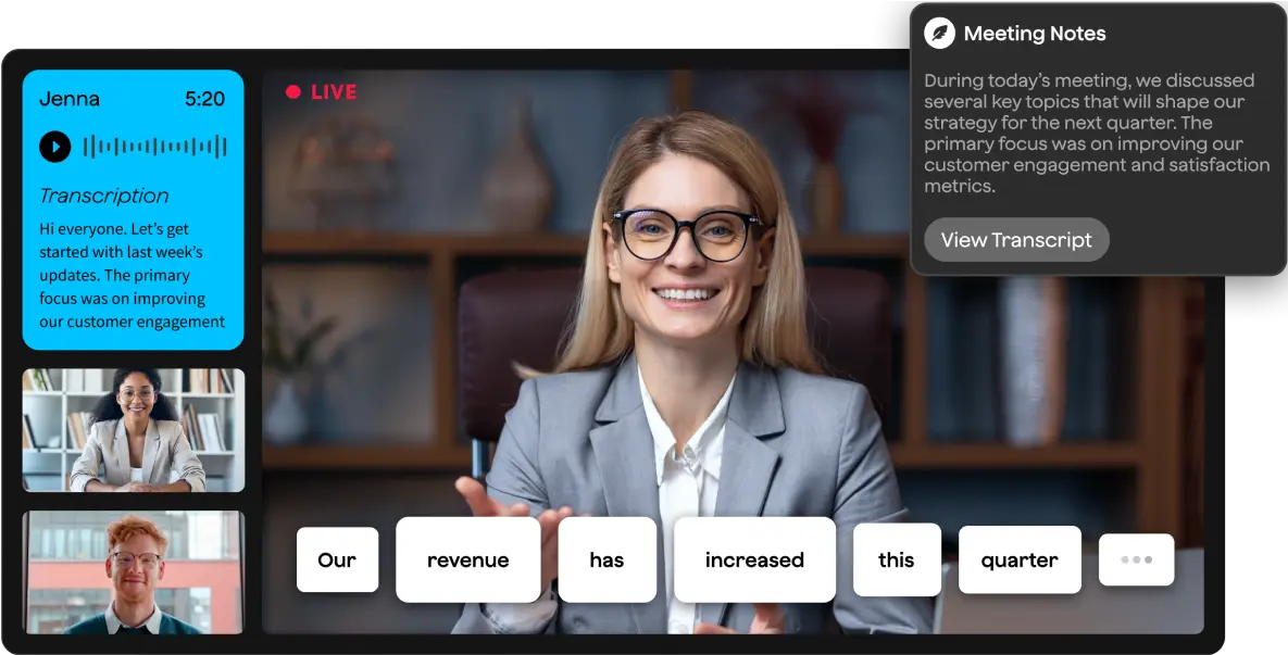 A live video conference interface showing a woman presenting with real-time transcription and meeting notes displayed, including participant thumbnails and a transcription panel with highlighted key points.