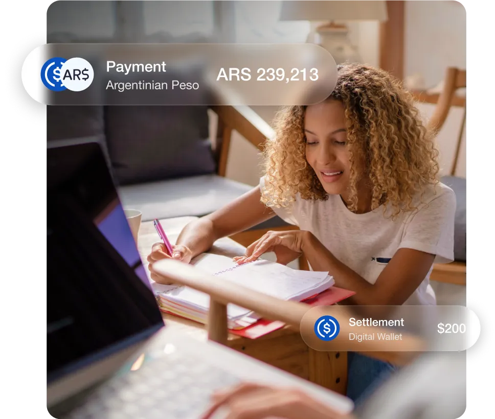 Image of a woman writing in a notebook. There are overlays showing payments and settlements between digital wallets.