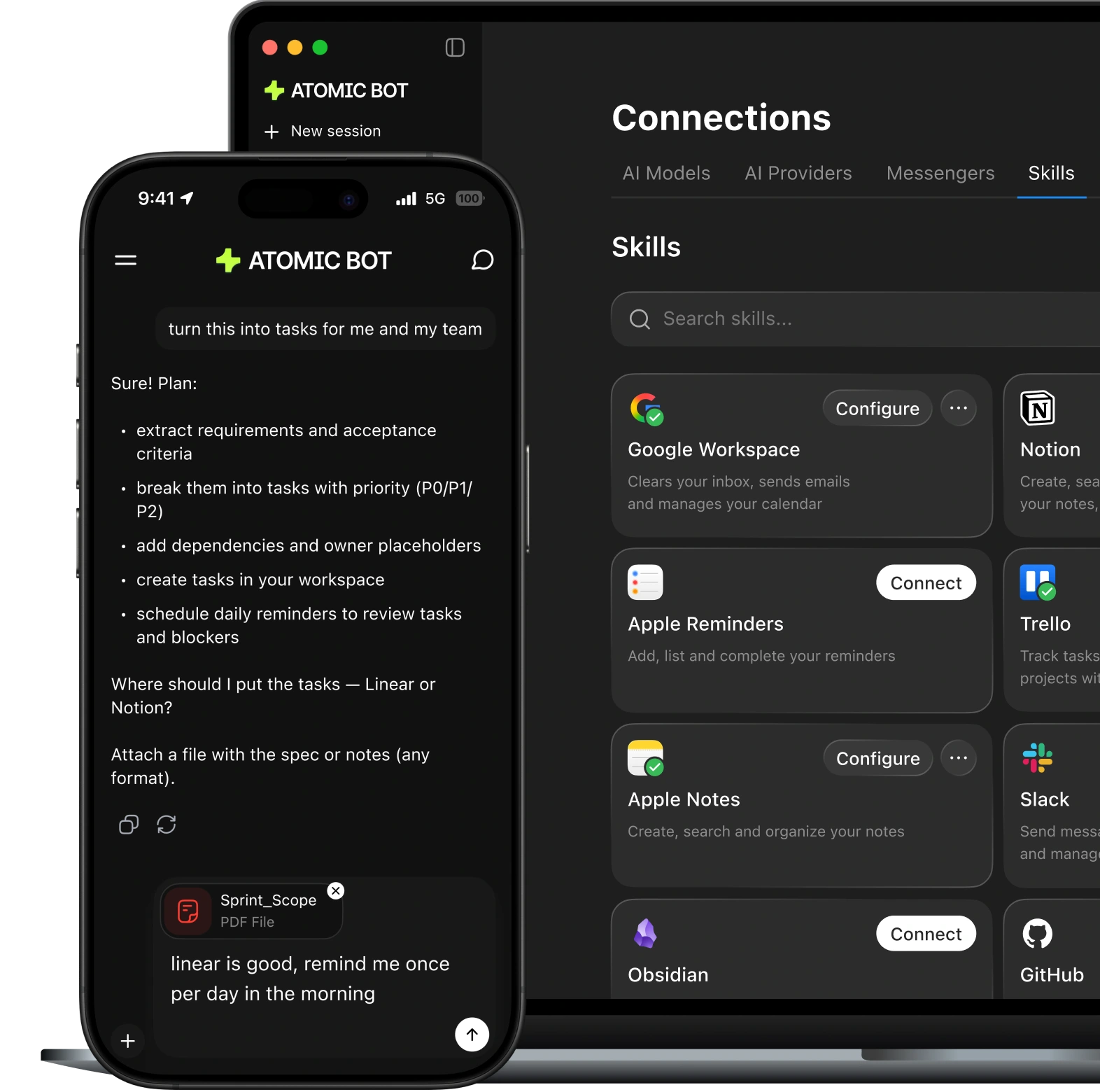 Atomic Bot mobile app running an agent session