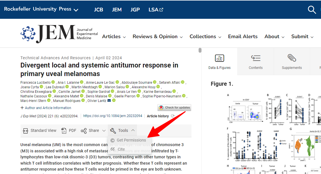 Screenshot of an Article page with large red arrow pointing to the dropdown tab where you can find the CCC link