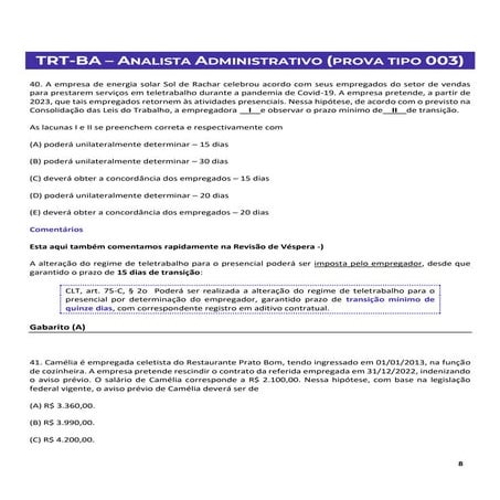 Prova TRT BA comentada - questões de Analista Administrativo