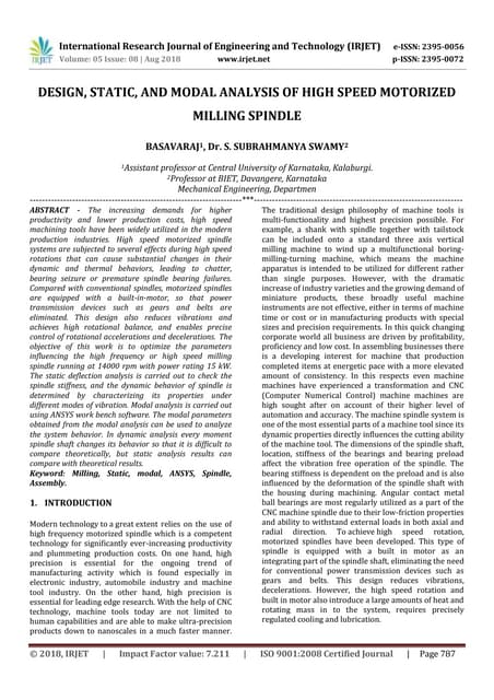 IRJET- Design, Static, and Modal Analysis of High Speed Motorized Milling Spi...