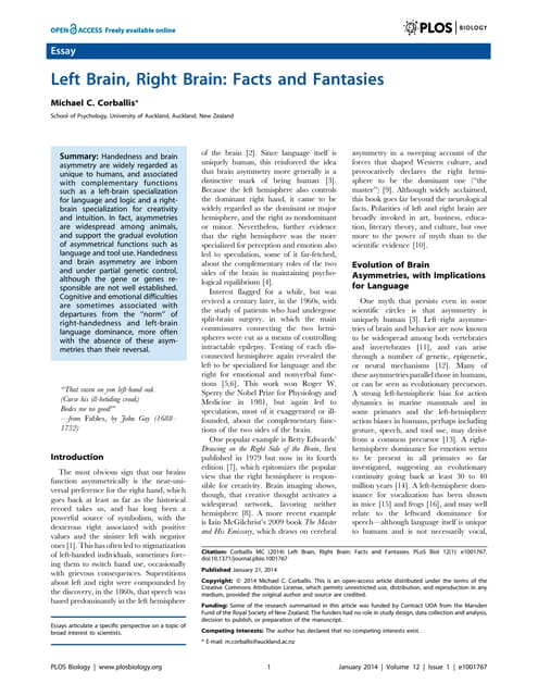 Left brain  right brain facts and fantasiesjournal.pbio.1001767