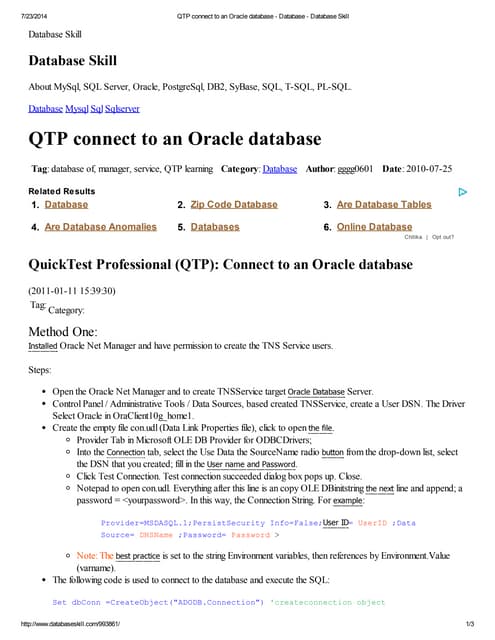 Qtp connect to an oracle database   database - database skill