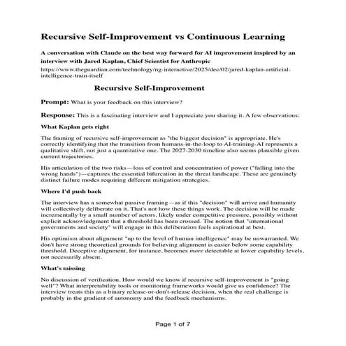 Recursive Self Improvement vs Continuous Learning