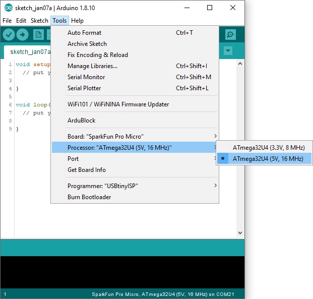 Atmega32U4 Processor Selection in Arduino IDE