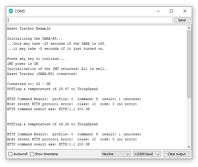 Screenshot showing serial monitor printout while temperature data is posted to ThingSpeak.