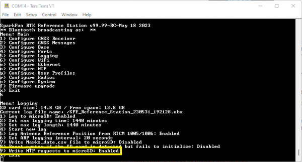 The logging menu showing how to log the NTP requests