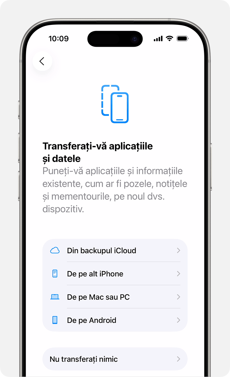 Ecran de iPhone care arată opțiunea de a transfera aplicații și date