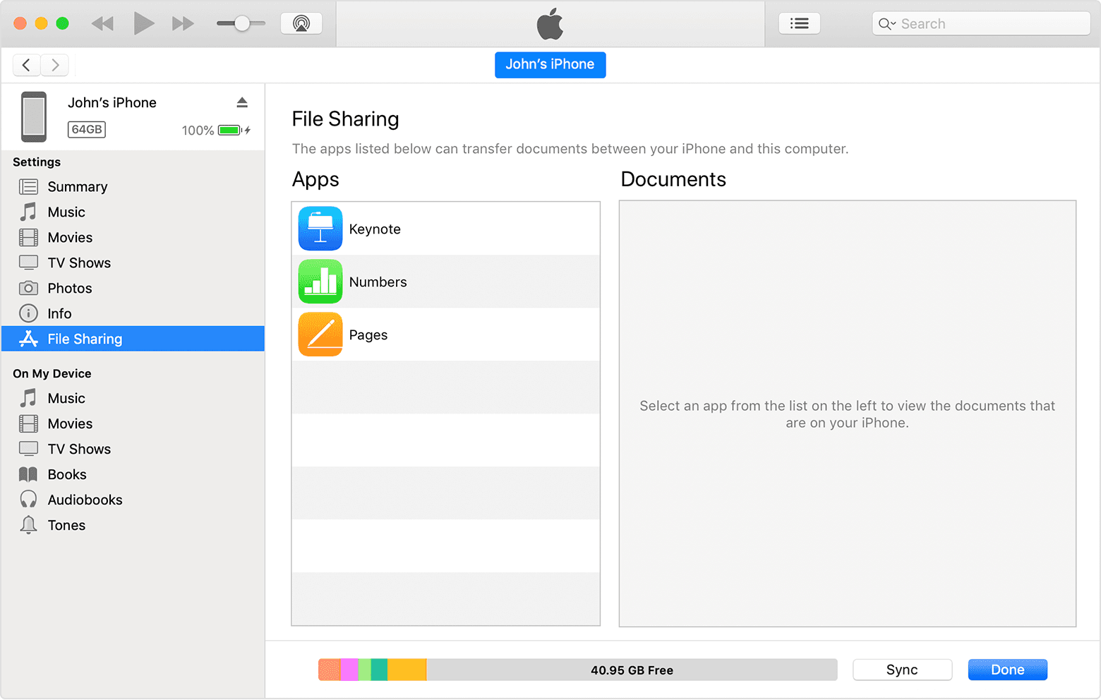 File Sharing selected opens list of apps available for File Sharing.