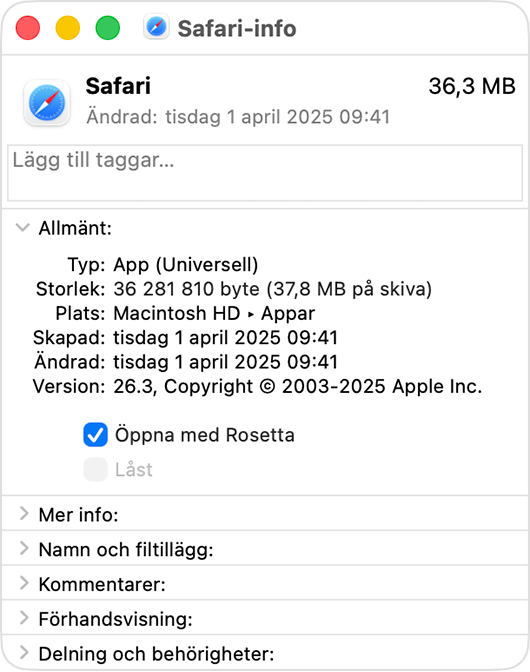 Informationsfönstret för Safari visar inställningen ”Öppna med Rosetta”.