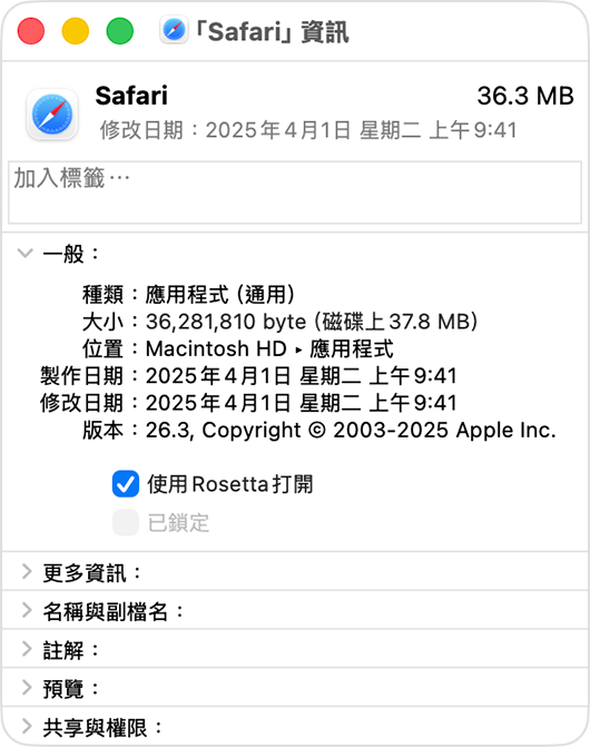 Safari 的「資訊」視窗,其中顯示「使用 Rosetta 打開」的設定。