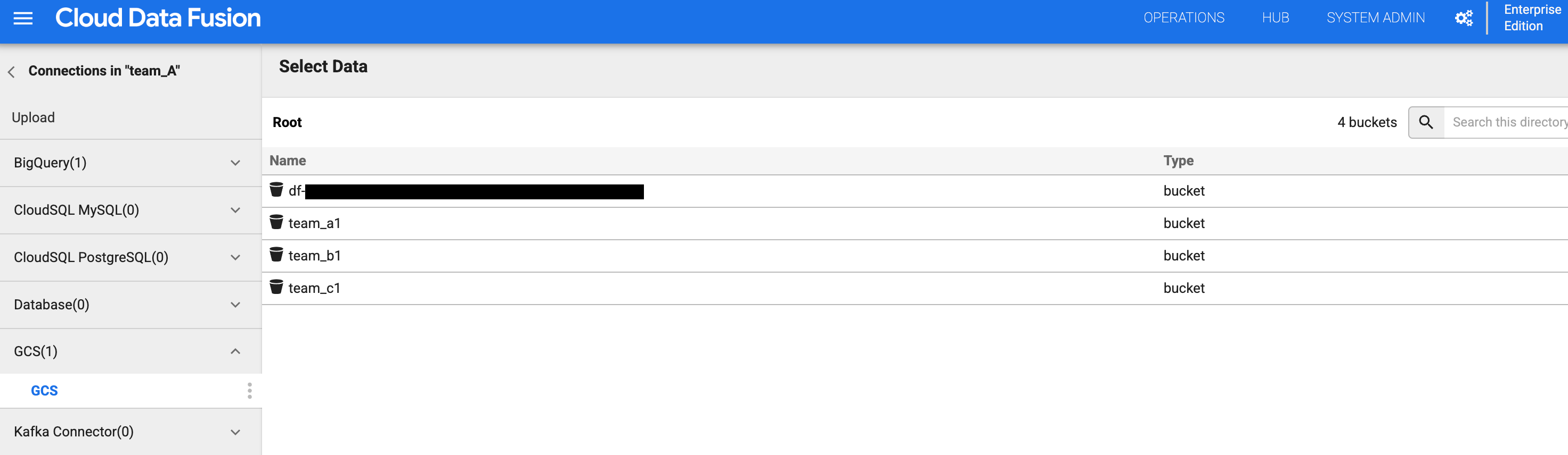 验证 Team A 的 Cloud Storage 连接。