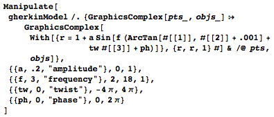 This Manipulate code explores the variations in the radial geometry of the Gherkin This Manipulate code explores the variations in the radial geometry of the Gherkin