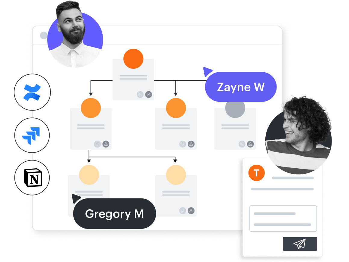 A conceptual image showing an org chart in Lucidchart and showing logos for Jira, Confluence, and Notion