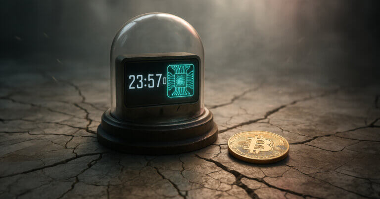 a glowing countdown clock with an illuminated quantum circuit beside a gold Bitcoin on cracked marble under soft cinematic light.