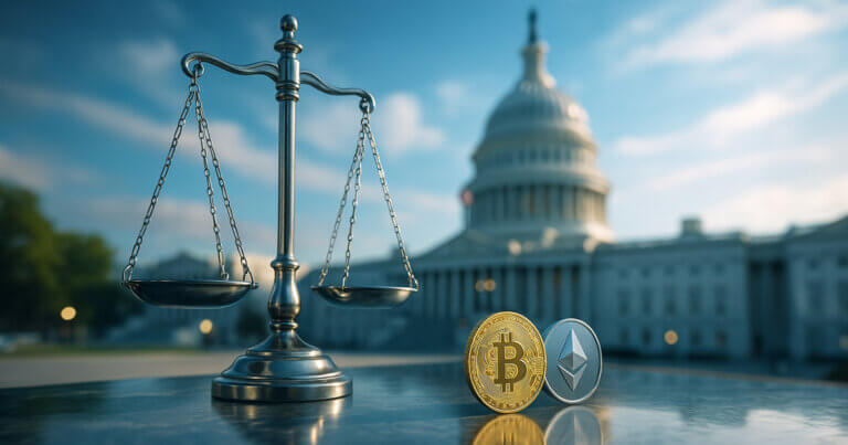 polished silver scales of justice on a reflective marble surface with the U.S. Capitol softly blurred behind, flanked by silver-toned Bitcoin and Ethereum coins accented by teal, cobalt, and magenta highlights under mid-to-high key daylight with a vibrant soft glow and no golden hues.
