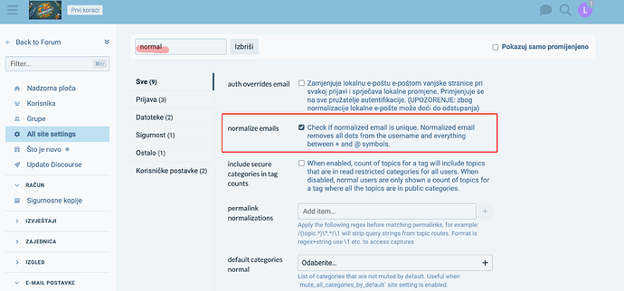 A screenshot of a website settings page with a red box highlighting the "normalize emails" setting. (Captioned by AI)