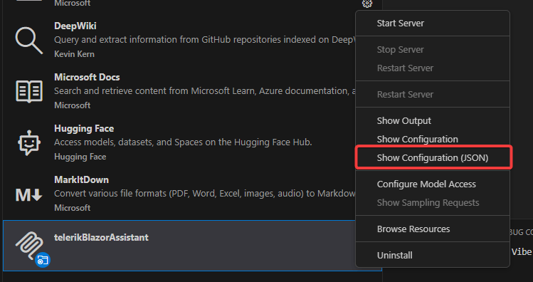 Displaying the MCP server configuration for Telerik Blazor