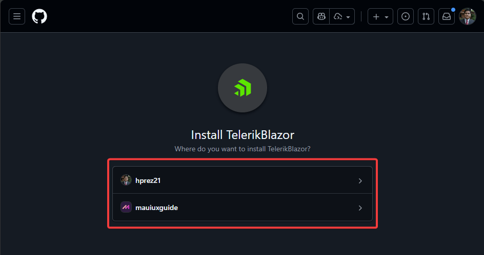 GitHub Account Picker for TelerikBlazor Application