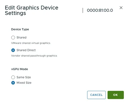 Screenshot of the Edit Graphics Device Settings window with Shared Direct selected as the Device Type and Mixed Size selected as the vGPU Mode.
