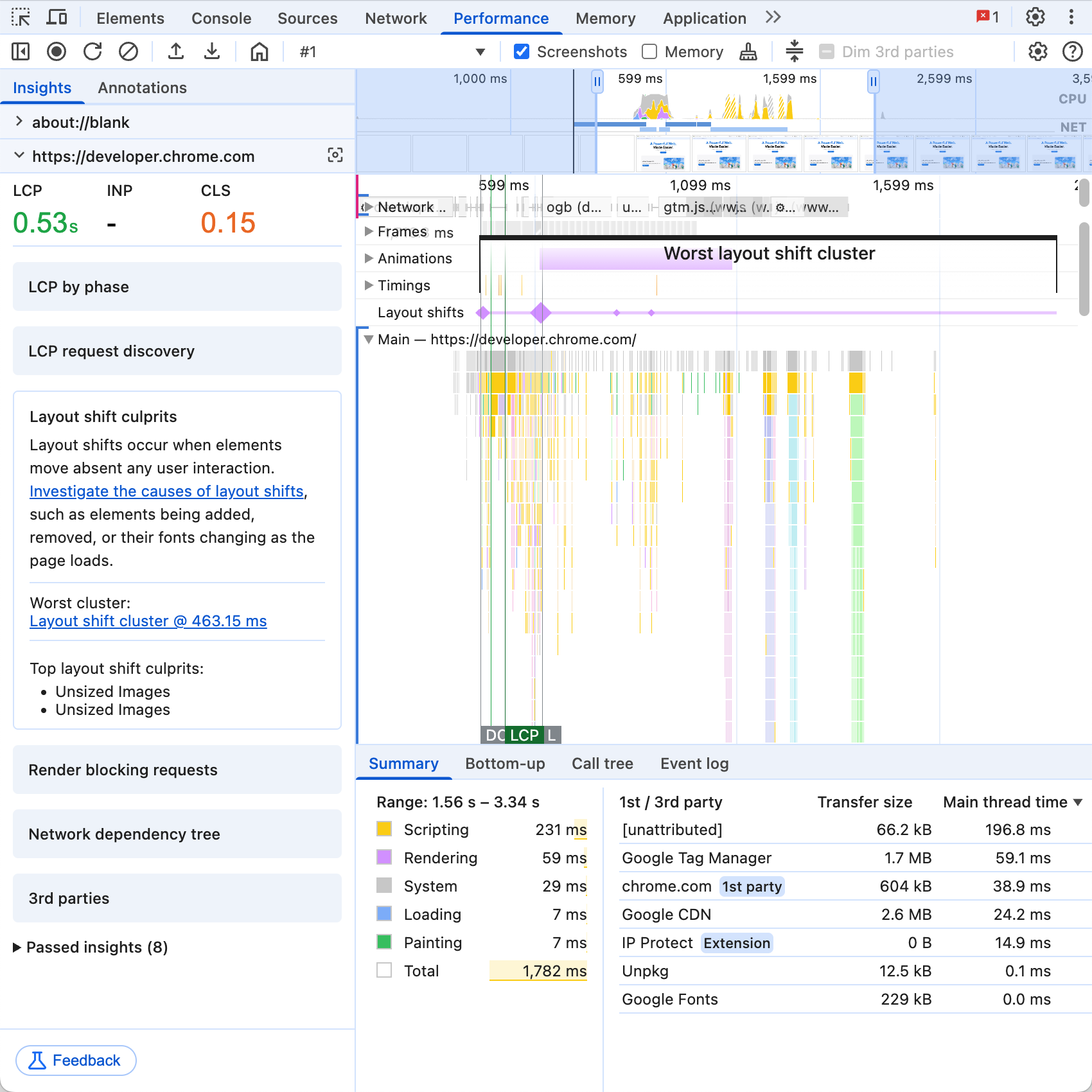 Bảng điều khiển Hiệu suất của DevTools có thanh bên Thông tin chi tiết ở bên trái, hiển thị danh sách thông tin chi tiết về dấu vết