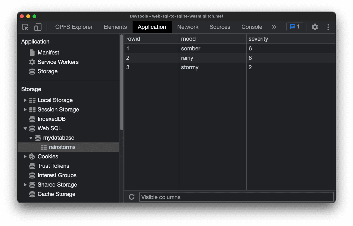 База данных Web SQL, проверенная в DevTools Chrome. База данных называется mydatabase и содержит таблицу с тремя столбцами: идентификатор строки, настроение и серьезность. Есть три строки образцов данных.