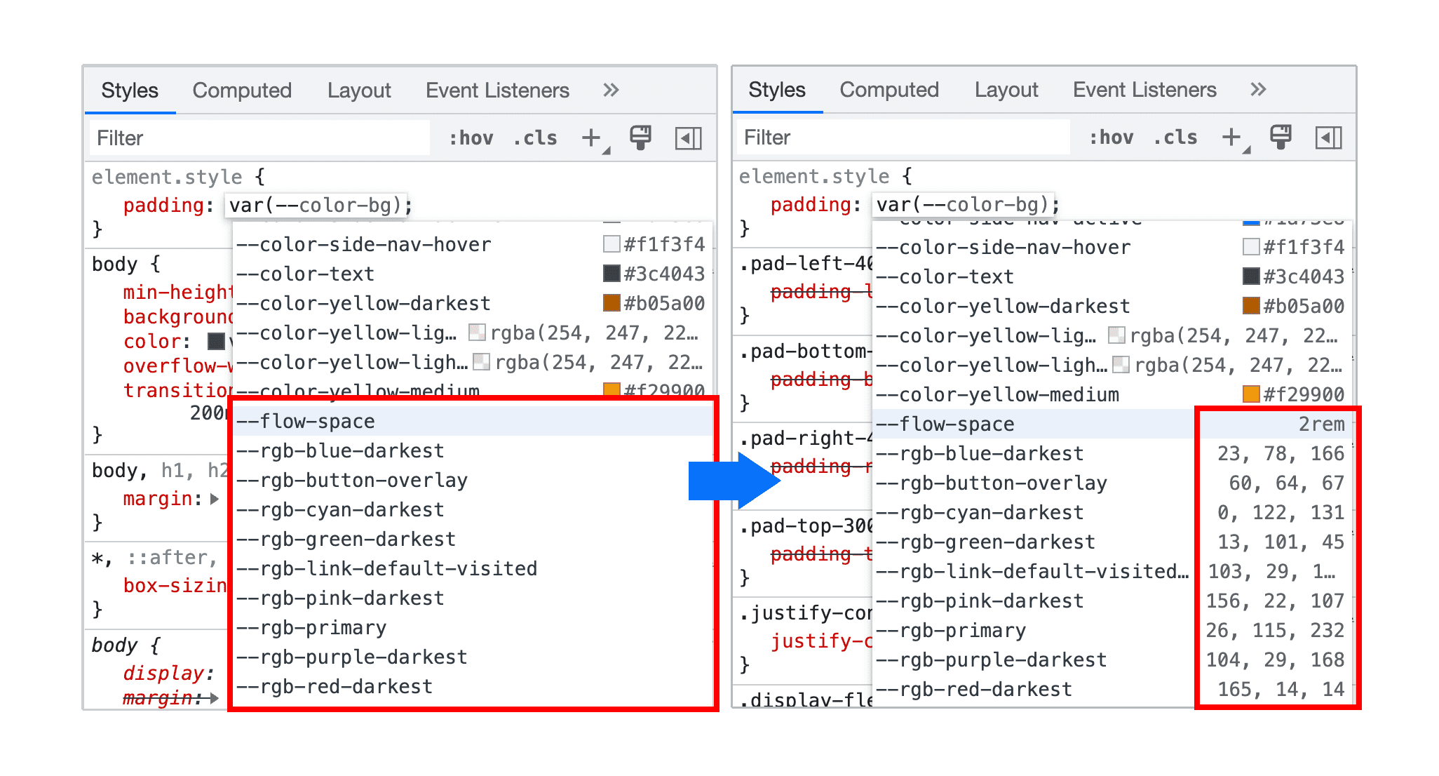 Visualizar valores não coloridos ao usar o preenchimento automático de variáveis CSS